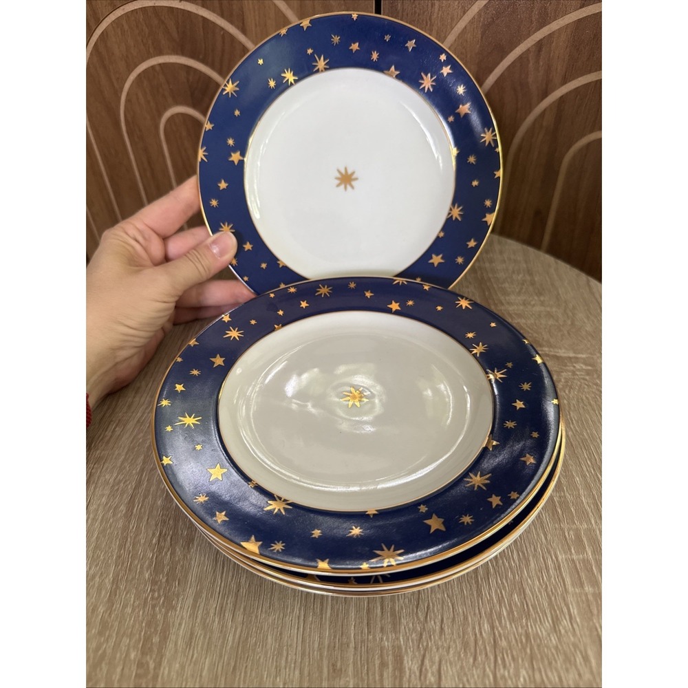 Sakura Galaxy Salad Plate 14K Gold Stars Blue Trim China Holiday Table VTG (4)